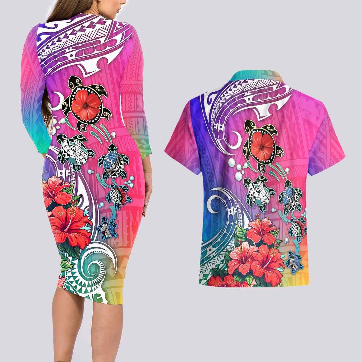 Hawaii Turtle Couples Matching Long Sleeve Bodycon Dress and Hawaiian Shirt Turtles Hibiscus With Hawaii Pattern Gradient - Wonder Print Shop