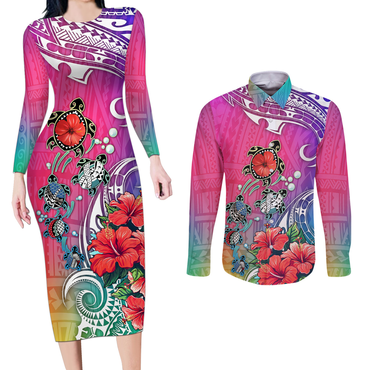 Hawaii Turtle Couples Matching Long Sleeve Bodycon Dress and Long Sleeve Button Shirts Turtles Hibiscus With Hawaii Pattern Gradient - Wonder Print Shop
