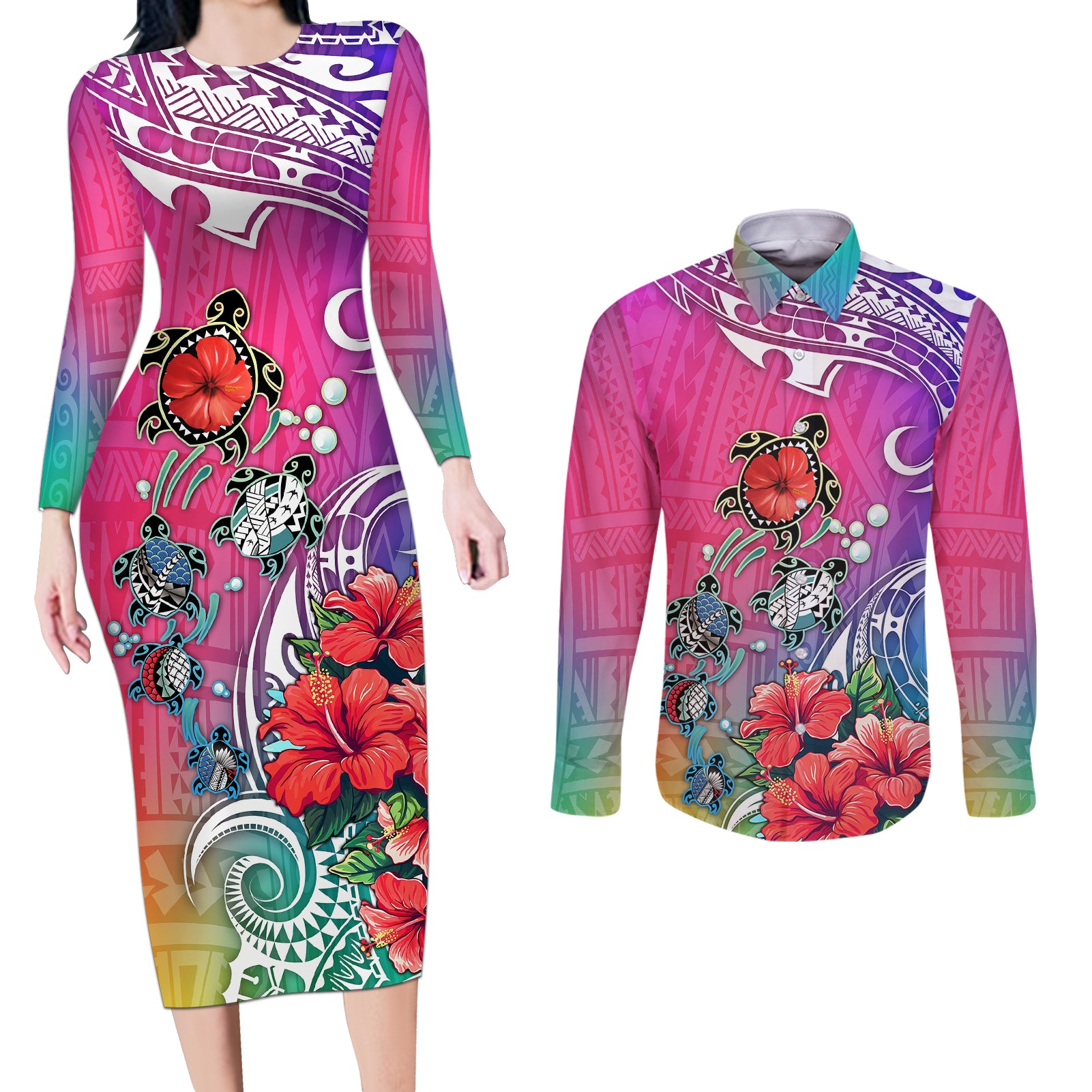 Hawaii Turtle Couples Matching Long Sleeve Bodycon Dress and Long Sleeve Button Shirts Turtles Hibiscus With Hawaii Pattern Gradient - Wonder Print Shop