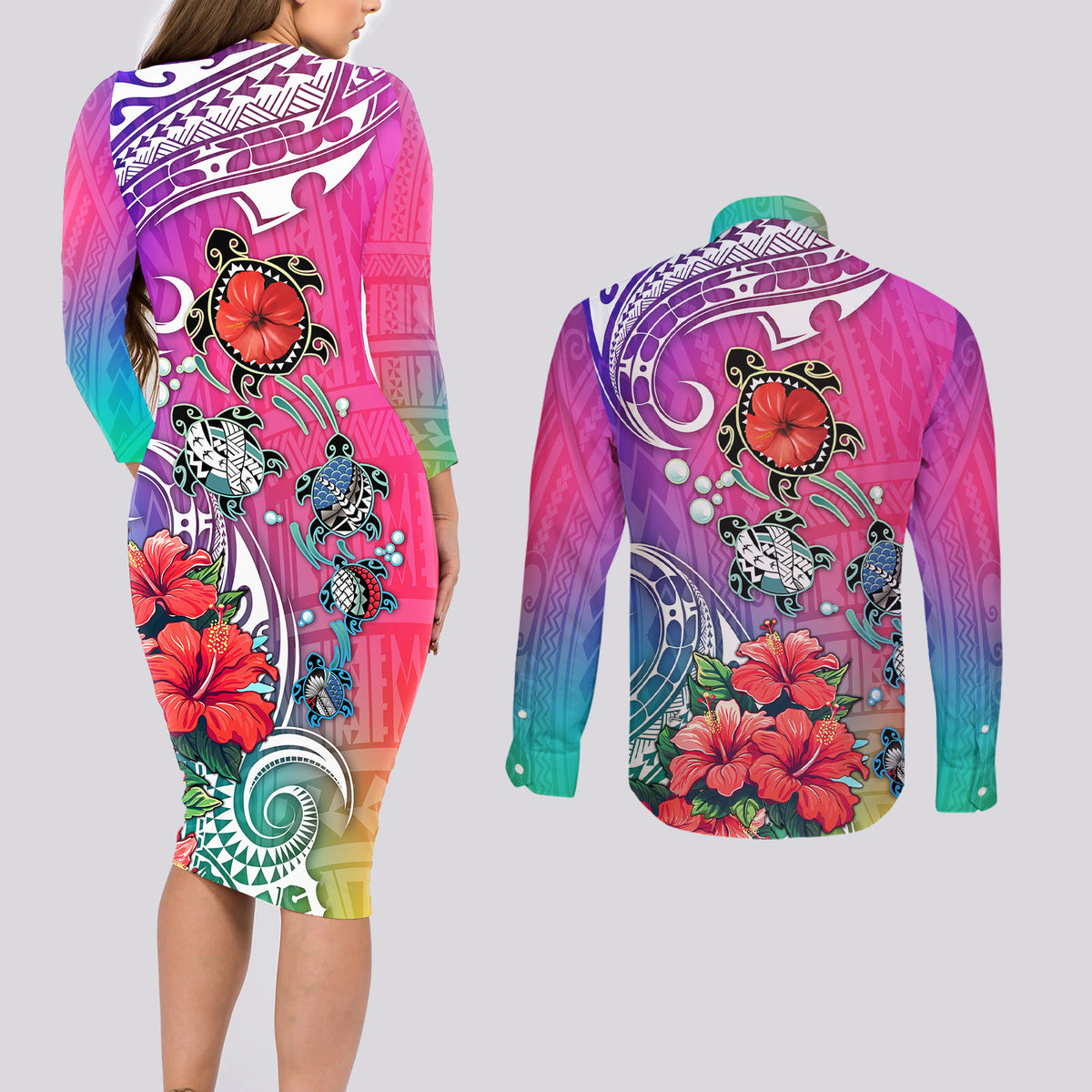Hawaii Turtle Couples Matching Long Sleeve Bodycon Dress and Long Sleeve Button Shirts Turtles Hibiscus With Hawaii Pattern Gradient - Wonder Print Shop