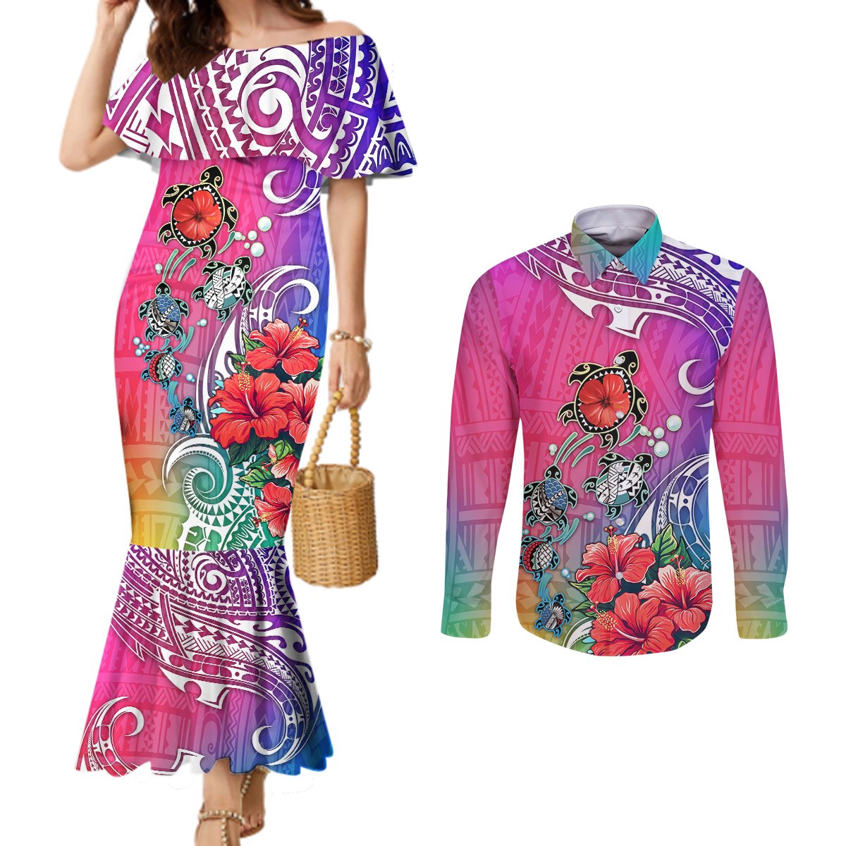 hawaii-turtle-couples-matching-mermaid-dress-and-long-sleeve-button-shirts-turtles-hibiscus-with-hawaii-pattern-gradient