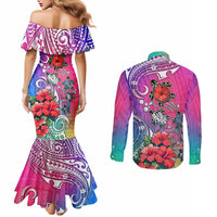Back view of matching turtle floral mermaid dress and long-sleeve button shirt, gradient pattern