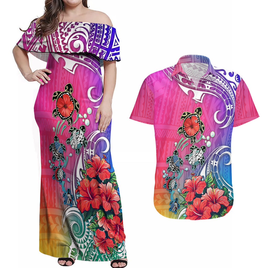 Hawaii Turtle Couples Matching Off Shoulder Maxi Dress and Hawaiian Shirt Turtles Hibiscus With Hawaii Pattern Gradient - Wonder Print Shop
