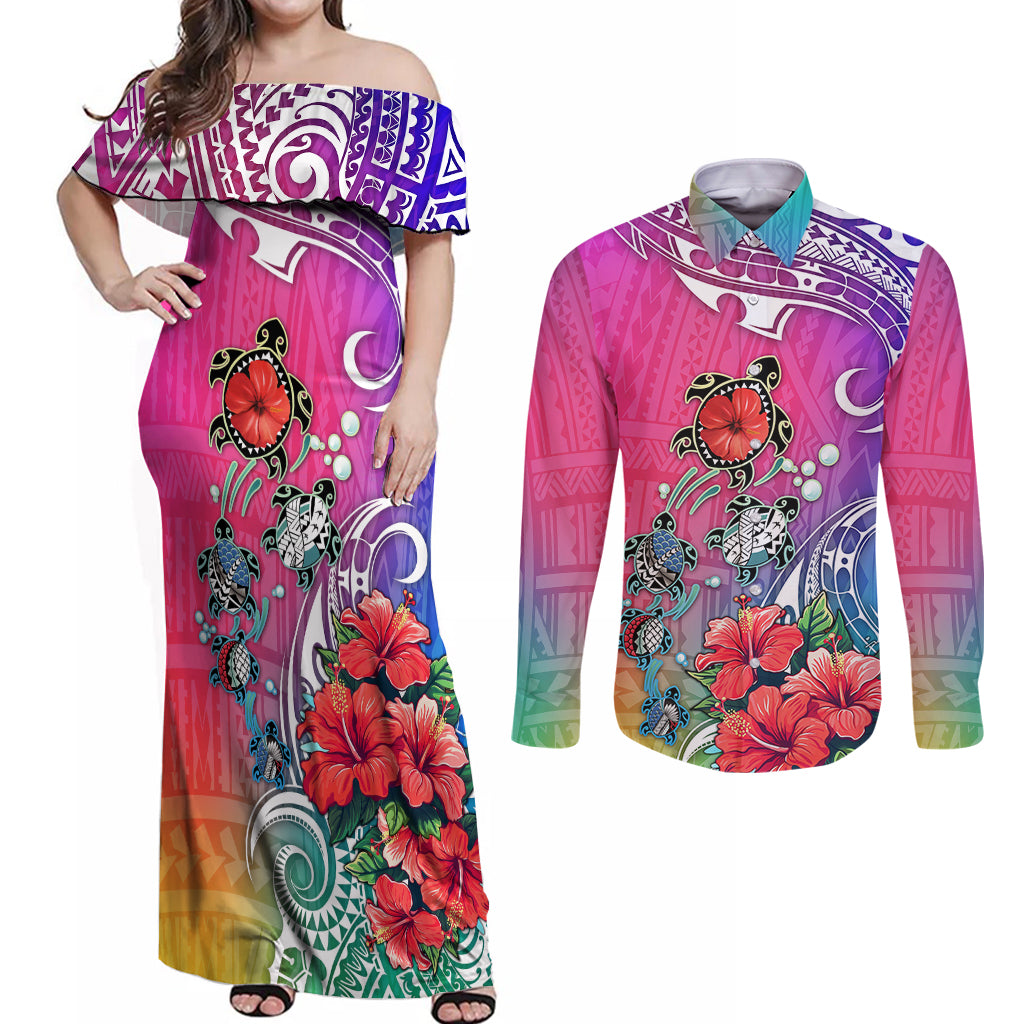 Hawaii Turtle Couples Matching Off Shoulder Maxi Dress and Long Sleeve Button Shirts Turtles Hibiscus With Hawaii Pattern Gradient - Wonder Print Shop