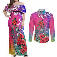 Hawaii Turtle Couples Matching Off Shoulder Maxi Dress and Long Sleeve Button Shirts Turtles Hibiscus With Hawaii Pattern Gradient - Wonder Print Shop