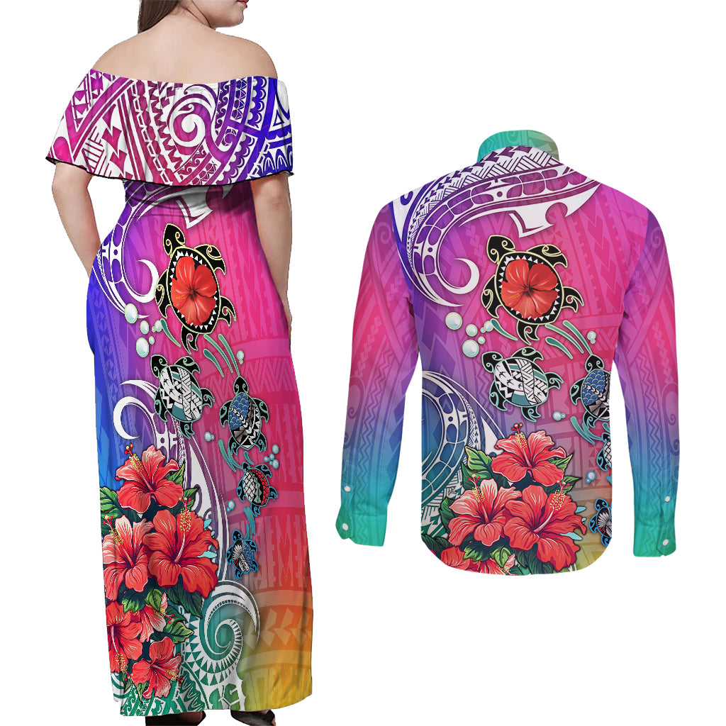 Hawaii Turtle Couples Matching Off Shoulder Maxi Dress and Long Sleeve Button Shirts Turtles Hibiscus With Hawaii Pattern Gradient - Wonder Print Shop