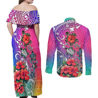 Hawaii Turtle Couples Matching Off Shoulder Maxi Dress and Long Sleeve Button Shirts Turtles Hibiscus With Hawaii Pattern Gradient - Wonder Print Shop