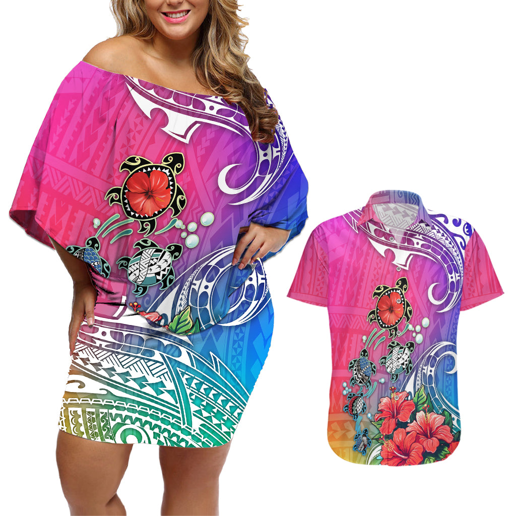 Hawaii Turtle Couples Matching Off Shoulder Short Dress and Hawaiian Shirt Turtles Hibiscus With Hawaii Pattern Gradient - Wonder Print Shop