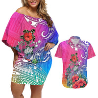 Hawaii Turtle Couples Matching Off Shoulder Short Dress and Hawaiian Shirt Turtles Hibiscus With Hawaii Pattern Gradient - Wonder Print Shop