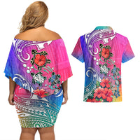 Hawaii Turtle Couples Matching Off Shoulder Short Dress and Hawaiian Shirt Turtles Hibiscus With Hawaii Pattern Gradient - Wonder Print Shop