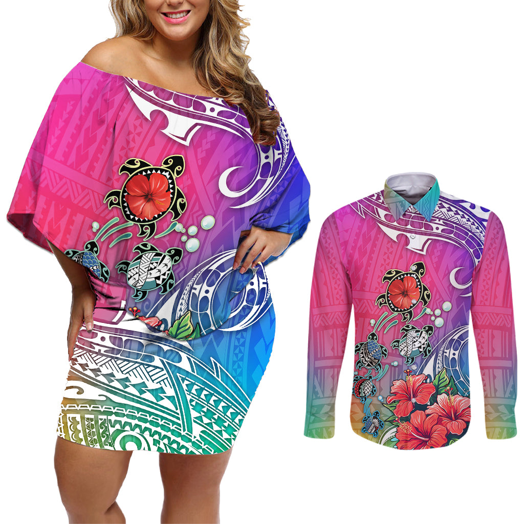 Hawaii Turtle Couples Matching Off Shoulder Short Dress and Long Sleeve Button Shirts Turtles Hibiscus With Hawaii Pattern Gradient - Wonder Print Shop