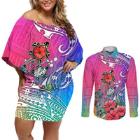 Hawaii Turtle Couples Matching Off Shoulder Short Dress and Long Sleeve Button Shirts Turtles Hibiscus With Hawaii Pattern Gradient - Wonder Print Shop