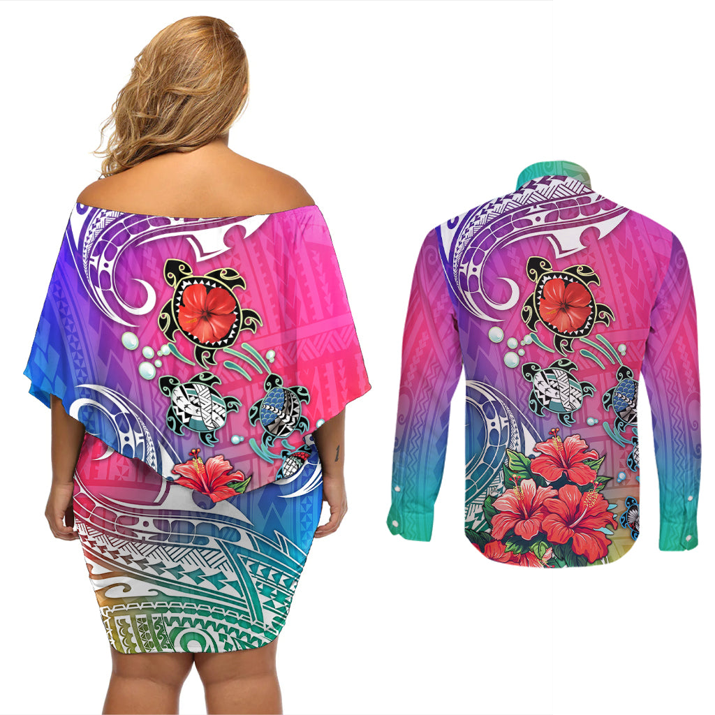 Hawaii Turtle Couples Matching Off Shoulder Short Dress and Long Sleeve Button Shirts Turtles Hibiscus With Hawaii Pattern Gradient - Wonder Print Shop