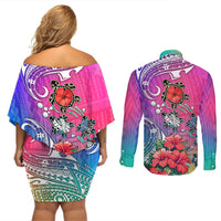 Hawaii Turtle Couples Matching Off Shoulder Short Dress and Long Sleeve Button Shirts Turtles Hibiscus With Hawaii Pattern Gradient - Wonder Print Shop