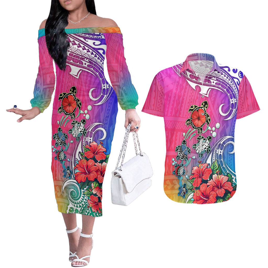 Hawaii Turtle Couples Matching Off The Shoulder Long Sleeve Dress and Hawaiian Shirt Turtles Hibiscus With Hawaii Pattern Gradient - Wonder Print Shop