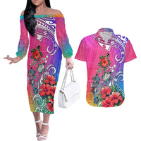 Hawaii Turtle Couples Matching Off The Shoulder Long Sleeve Dress and Hawaiian Shirt Turtles Hibiscus With Hawaii Pattern Gradient - Wonder Print Shop