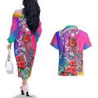 Hawaii Turtle Couples Matching Off The Shoulder Long Sleeve Dress and Hawaiian Shirt Turtles Hibiscus With Hawaii Pattern Gradient - Wonder Print Shop