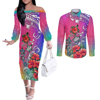 hawaii-turtle-couples-matching-off-the-shoulder-long-sleeve-dress-and-long-sleeve-button-shirts-turtles-hibiscus-with-hawaii-pattern-gradient