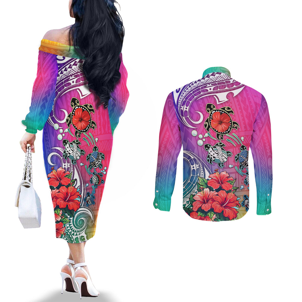 hawaii-turtle-couples-matching-off-the-shoulder-long-sleeve-dress-and-long-sleeve-button-shirts-turtles-hibiscus-with-hawaii-pattern-gradient