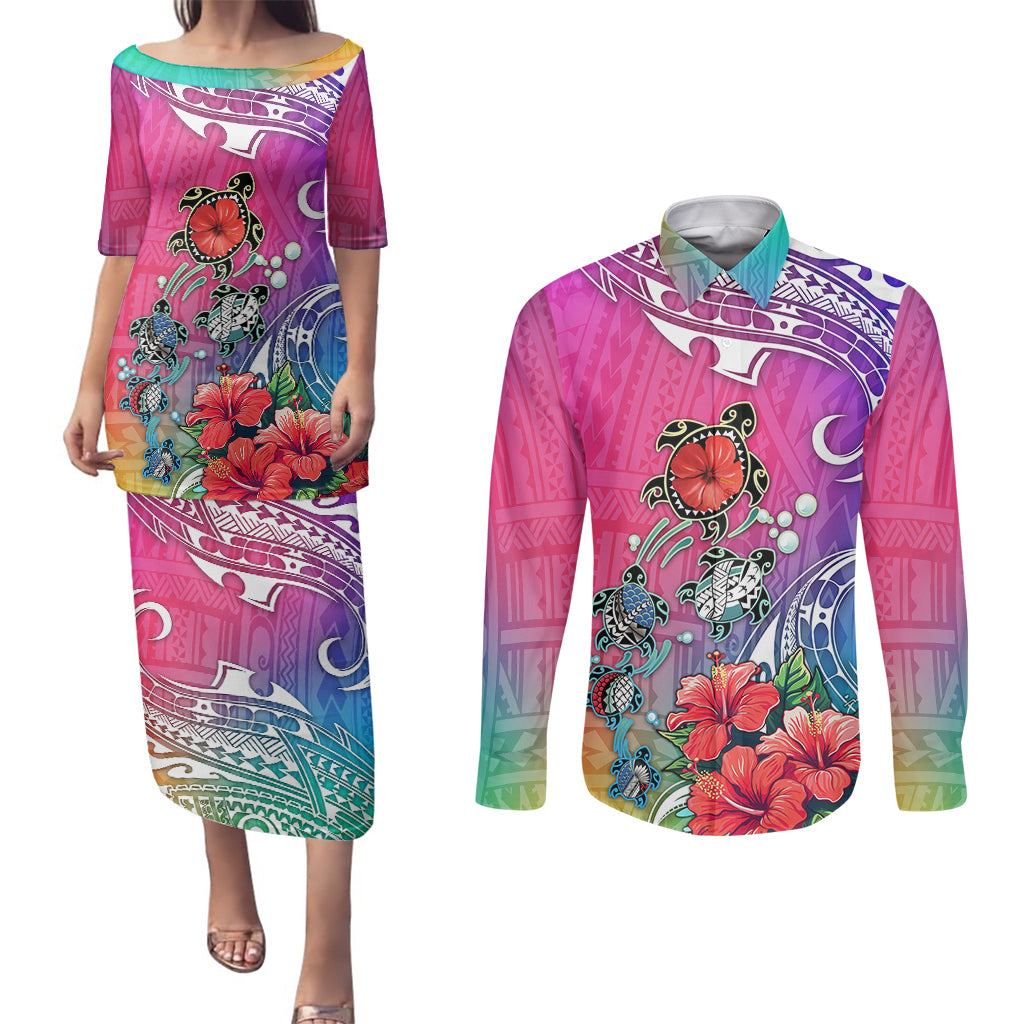 Hawaii Turtle Couples Matching Puletasi Dress and Long Sleeve Button Shirts Turtles Hibiscus With Hawaii Pattern Gradient - Wonder Print Shop