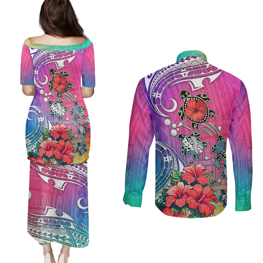 Hawaii Turtle Couples Matching Puletasi Dress and Long Sleeve Button Shirts Turtles Hibiscus With Hawaii Pattern Gradient - Wonder Print Shop
