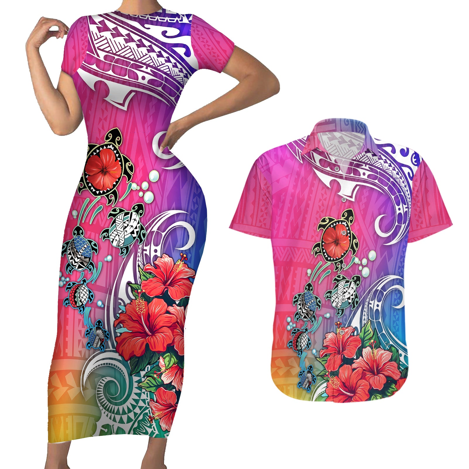 Hawaii Turtle Couples Matching Short Sleeve Bodycon Dress and Hawaiian Shirt Turtles Hibiscus With Hawaii Pattern Gradient - Wonder Print Shop