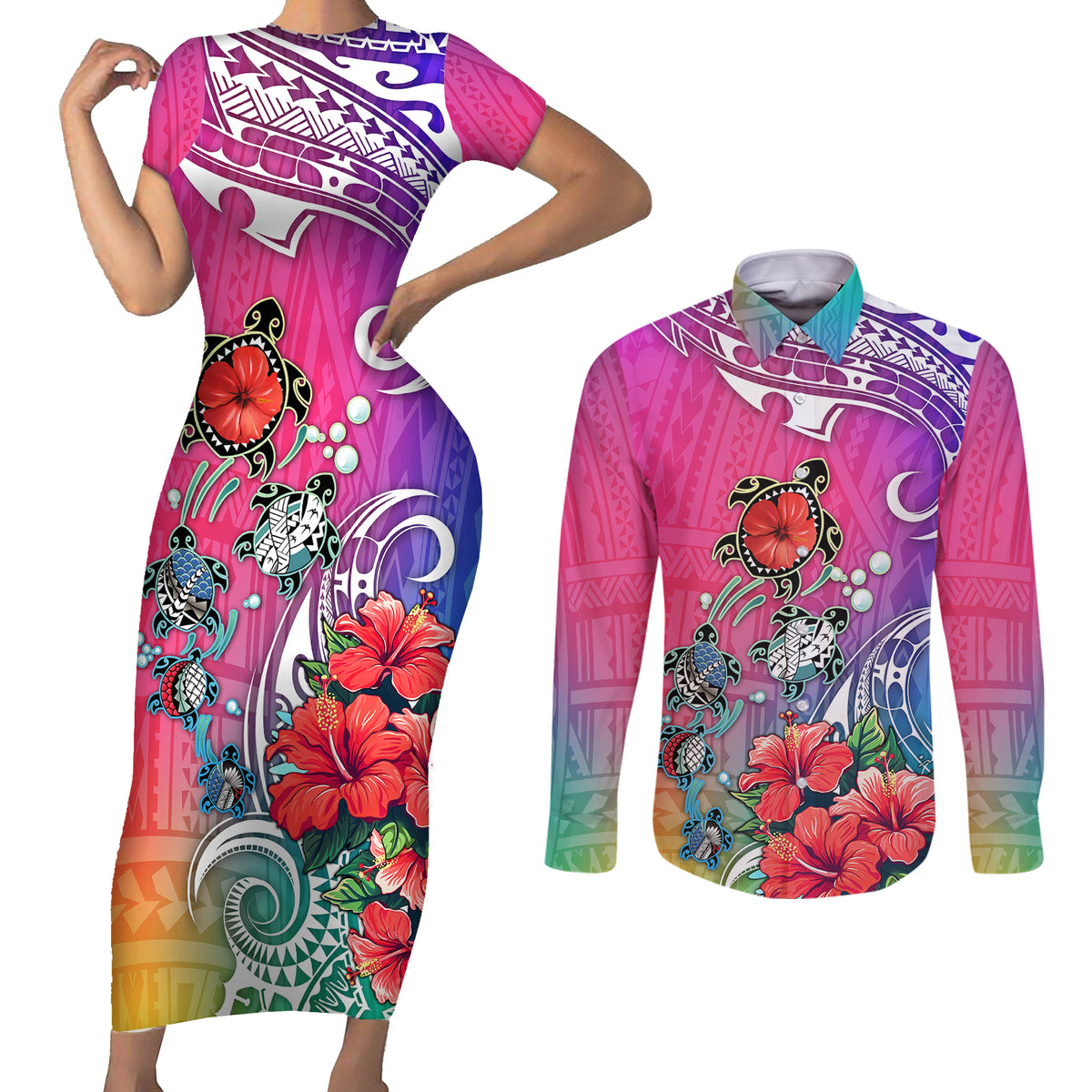 Hawaii Turtle Couples Matching Short Sleeve Bodycon Dress and Long Sleeve Button Shirts Turtles Hibiscus With Hawaii Pattern Gradient - Wonder Print Shop