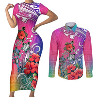Hawaii Turtle Couples Matching Short Sleeve Bodycon Dress and Long Sleeve Button Shirts Turtles Hibiscus With Hawaii Pattern Gradient - Wonder Print Shop