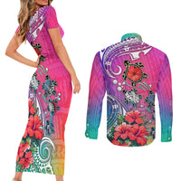 Hawaii Turtle Couples Matching Short Sleeve Bodycon Dress and Long Sleeve Button Shirts Turtles Hibiscus With Hawaii Pattern Gradient - Wonder Print Shop