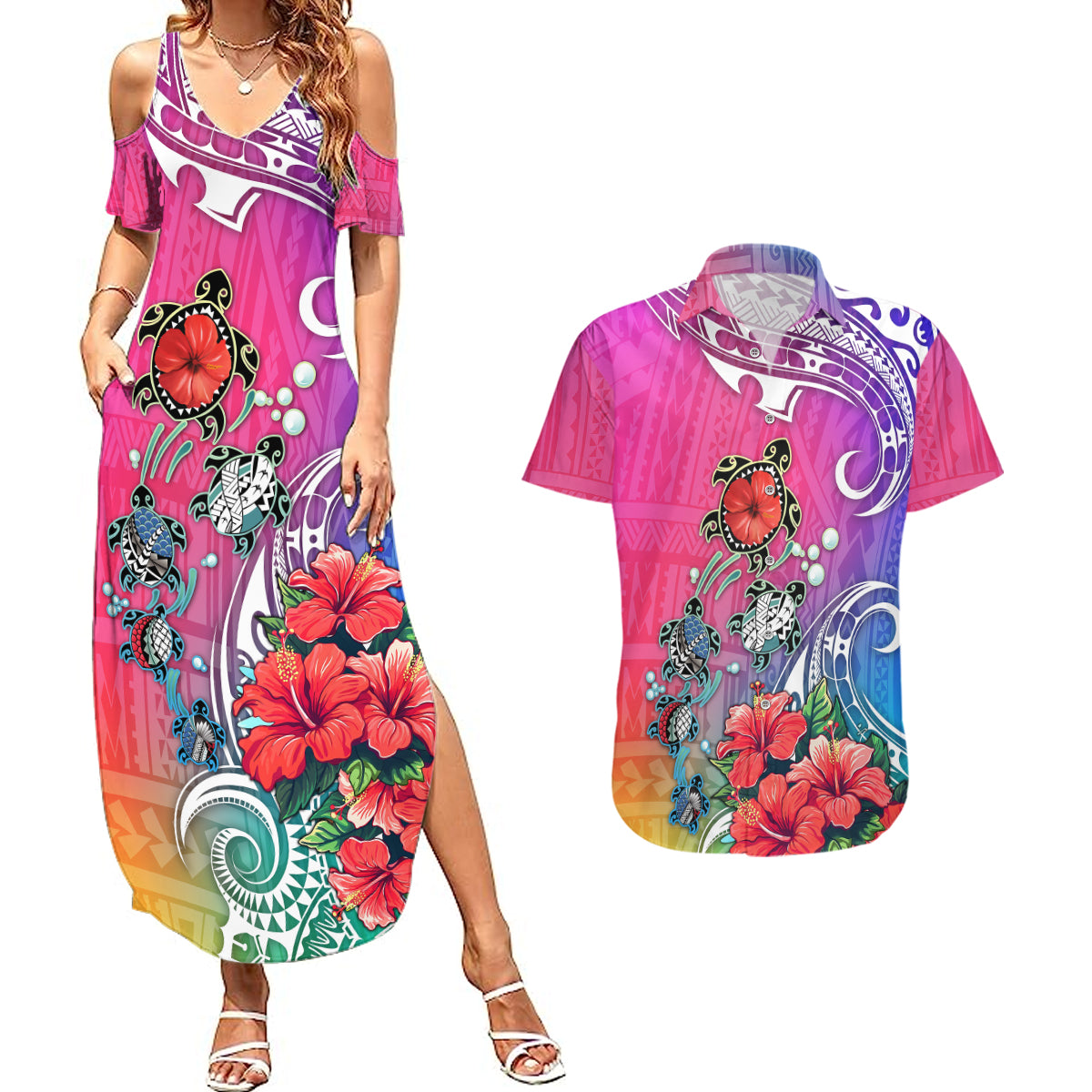 Hawaii Turtle Couples Matching Summer Maxi Dress and Hawaiian Shirt Turtles Hibiscus With Hawaii Pattern Gradient - Wonder Print Shop