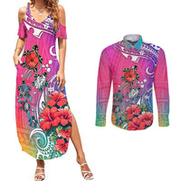 Hawaii Turtle Couples Matching Summer Maxi Dress and Long Sleeve Button Shirts Turtles Hibiscus With Hawaii Pattern Gradient - Wonder Print Shop