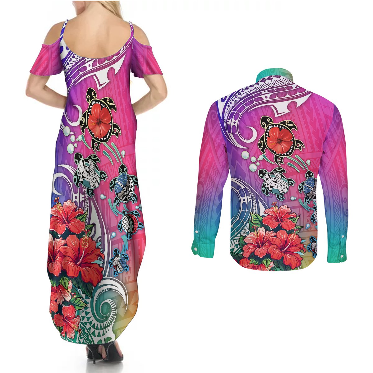 Hawaii Turtle Couples Matching Summer Maxi Dress and Long Sleeve Button Shirts Turtles Hibiscus With Hawaii Pattern Gradient - Wonder Print Shop