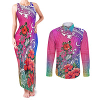Hawaii Turtle Couples Matching Tank Maxi Dress and Long Sleeve Button Shirts Turtles Hibiscus With Hawaii Pattern Gradient - Wonder Print Shop