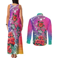 Hawaii Turtle Couples Matching Tank Maxi Dress and Long Sleeve Button Shirts Turtles Hibiscus With Hawaii Pattern Gradient - Wonder Print Shop