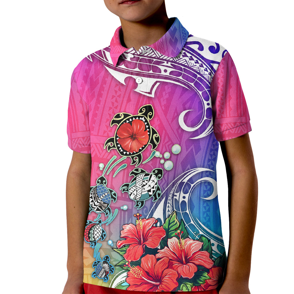 Hawaii Turtle Kid Polo Shirt Turtles Hibiscus With Hawaii Pattern Gradient - Wonder Print Shop