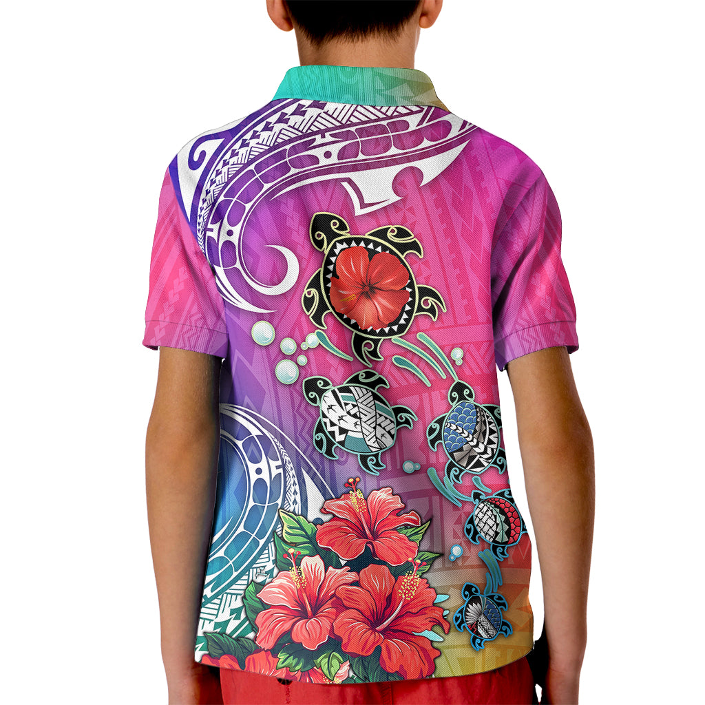 Hawaii Turtle Kid Polo Shirt Turtles Hibiscus With Hawaii Pattern Gradient - Wonder Print Shop