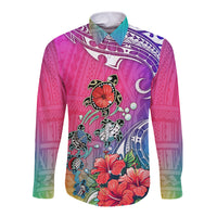 Hawaii Turtle Long Sleeve Button Shirt Turtles Hibiscus With Hawaii Pattern Gradient - Wonder Print Shop