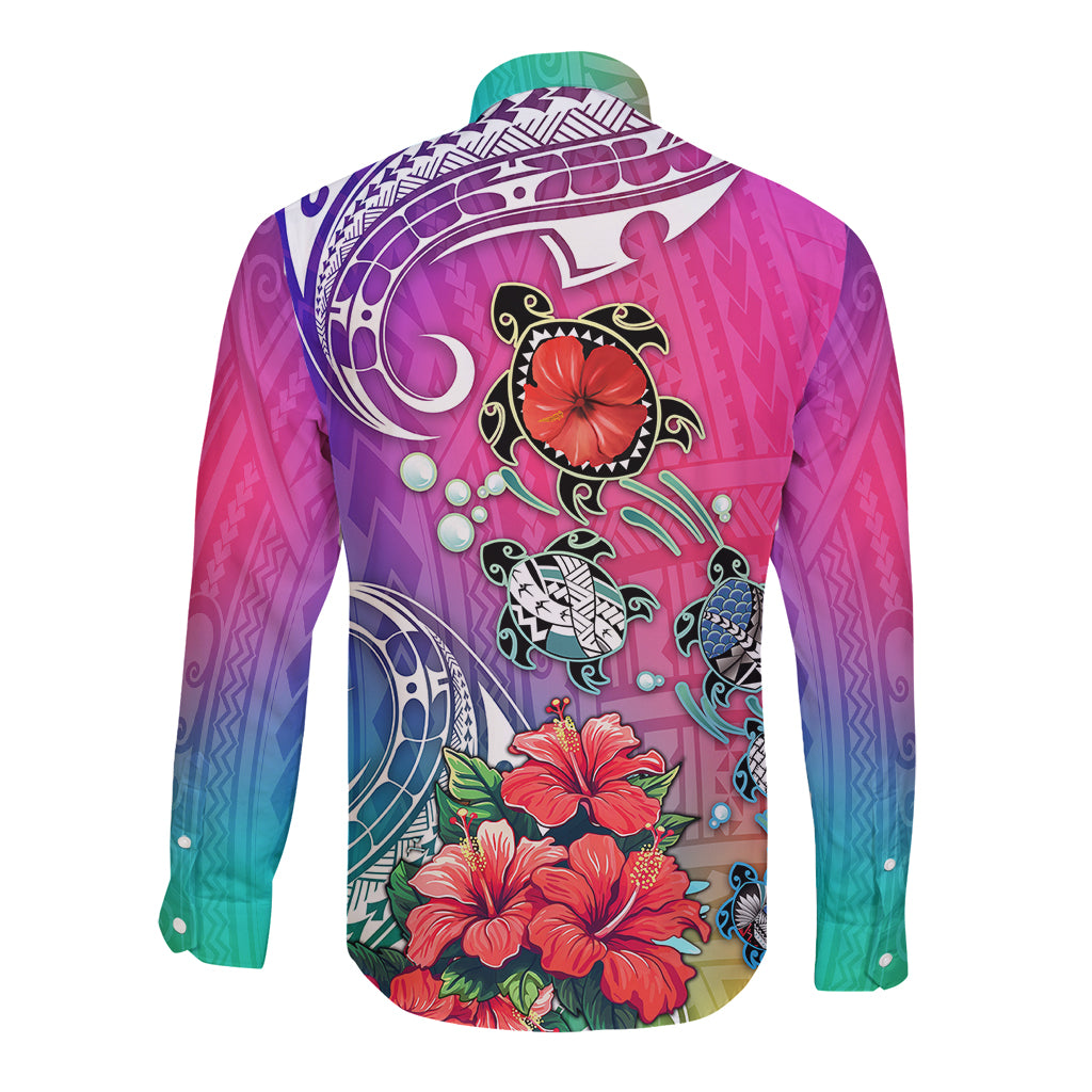 Hawaii Turtle Long Sleeve Button Shirt Turtles Hibiscus With Hawaii Pattern Gradient - Wonder Print Shop