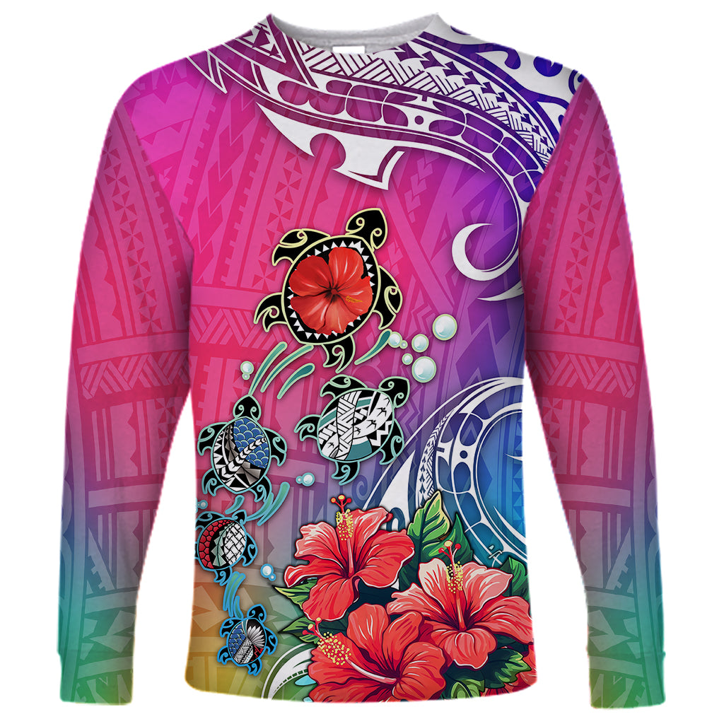 Hawaii Turtle Long Sleeve Shirt Turtles Hibiscus With Hawaii Pattern Gradient - Wonder Print Shop