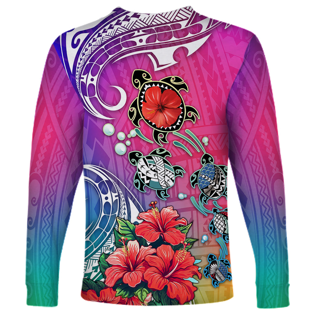 Hawaii Turtle Long Sleeve Shirt Turtles Hibiscus With Hawaii Pattern Gradient - Wonder Print Shop
