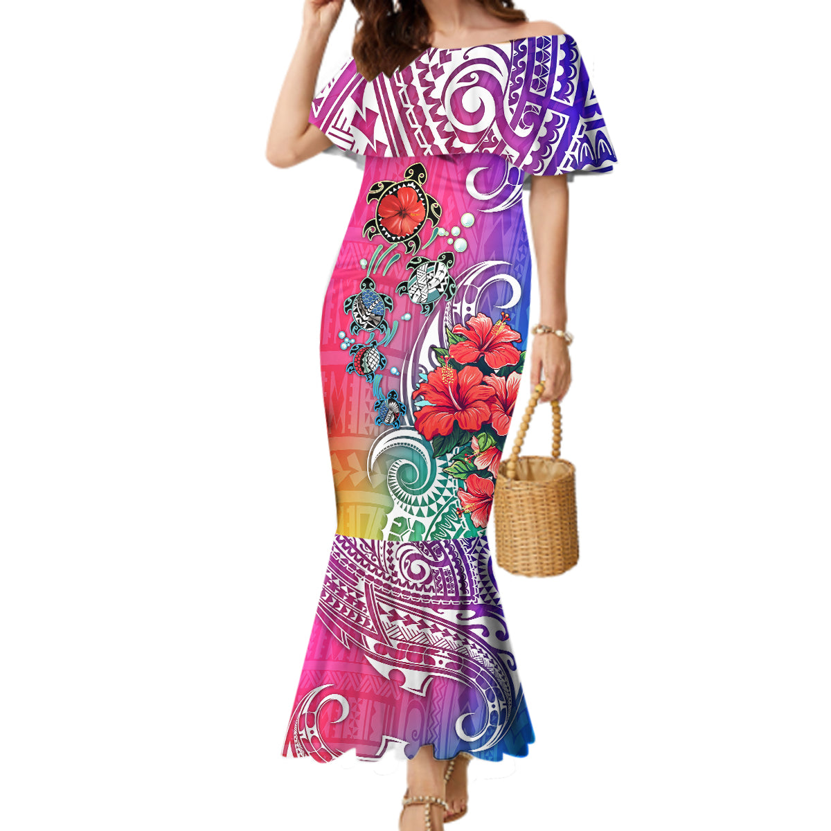Hawaii Turtle Mermaid Dress Turtles Hibiscus With Hawaii Pattern Gradient - Wonder Print Shop