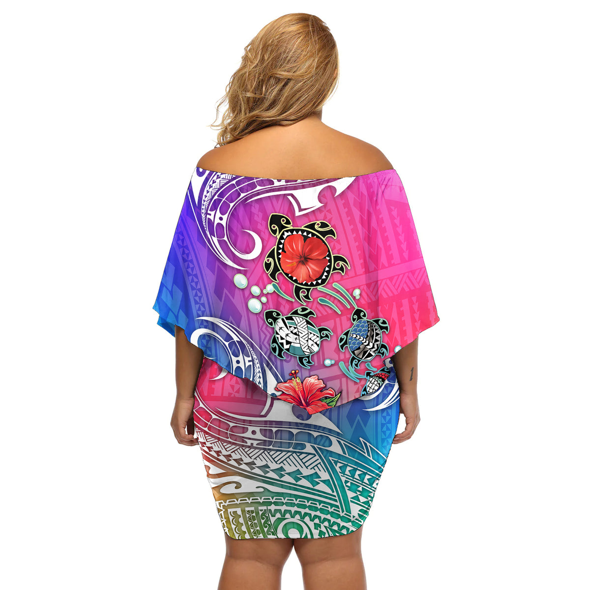 Hawaii Turtle Off Shoulder Short Dress Turtles Hibiscus With Hawaii Pattern Gradient - Wonder Print Shop