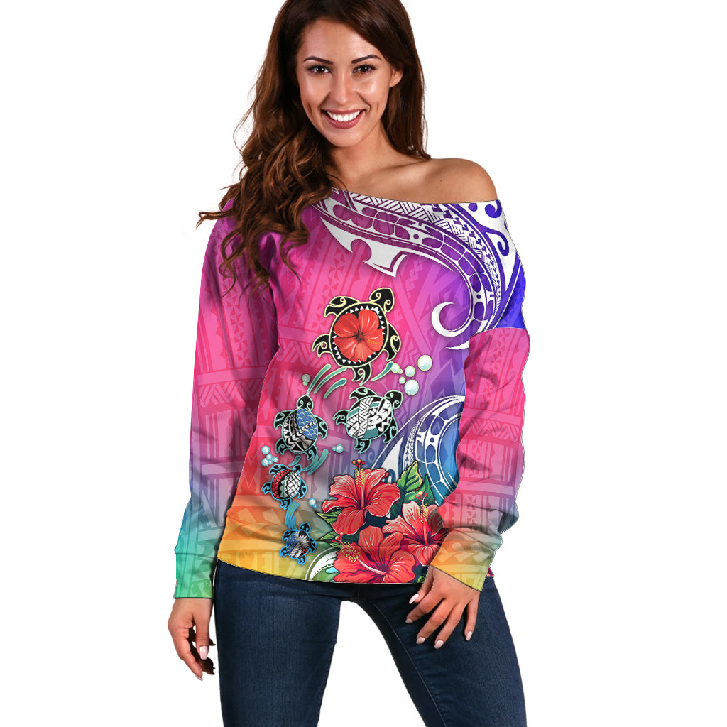 Hawaii Turtle Off Shoulder Sweater Turtles Hibiscus With Hawaii Pattern Gradient - Wonder Print Shop