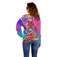 Hawaii Turtle Off Shoulder Sweater Turtles Hibiscus With Hawaii Pattern Gradient - Wonder Print Shop