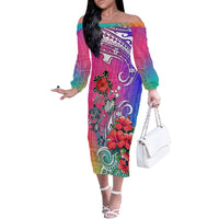 Hawaii Turtle Off The Shoulder Long Sleeve Dress Turtles Hibiscus With Hawaii Pattern Gradient - Wonder Print Shop