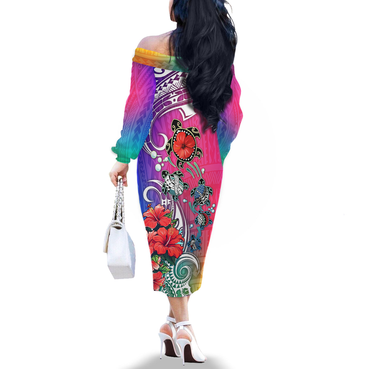 Hawaii Turtle Off The Shoulder Long Sleeve Dress Turtles Hibiscus With Hawaii Pattern Gradient - Wonder Print Shop