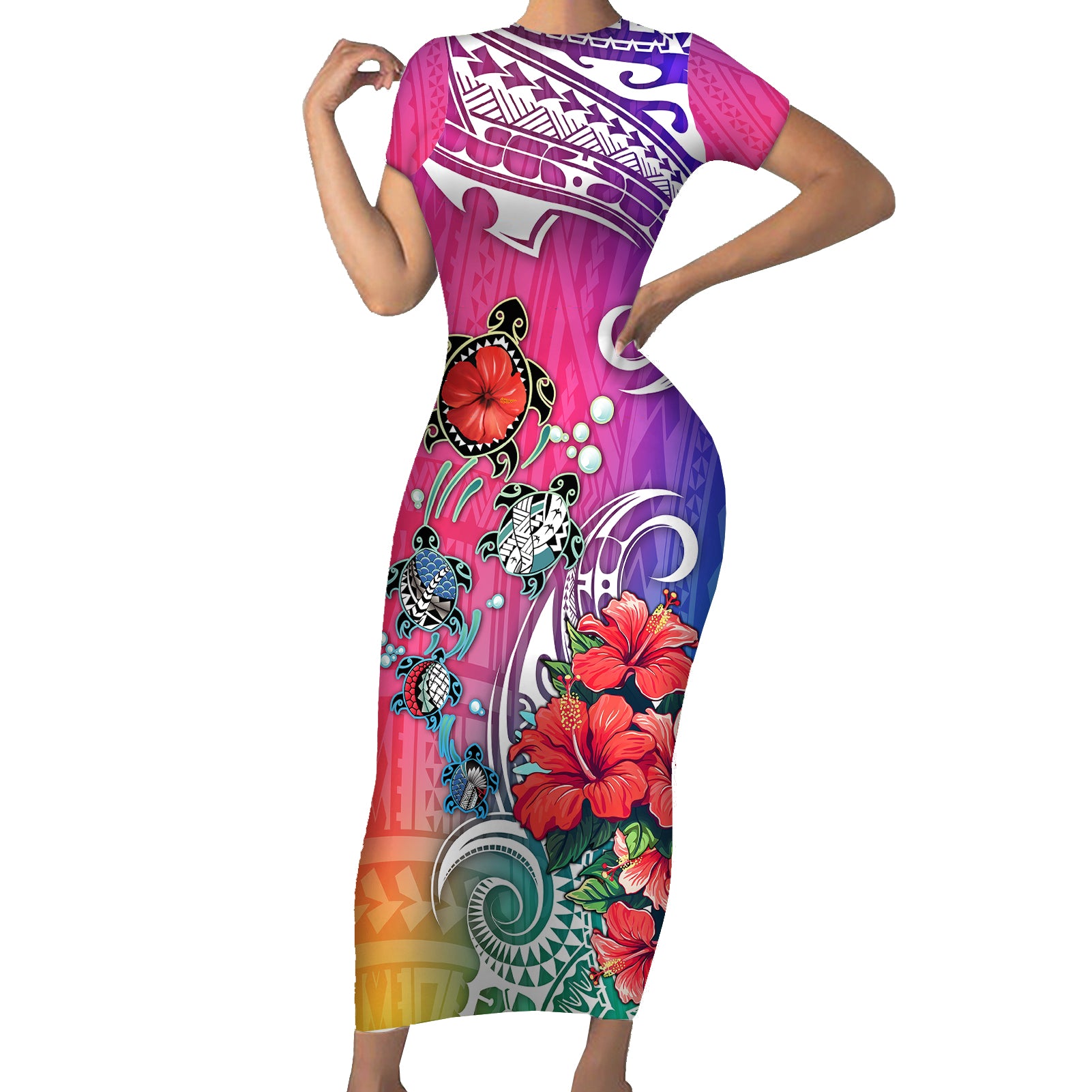 Hawaii Turtle Short Sleeve Bodycon Dress Turtles Hibiscus With Hawaii Pattern Gradient - Wonder Print Shop