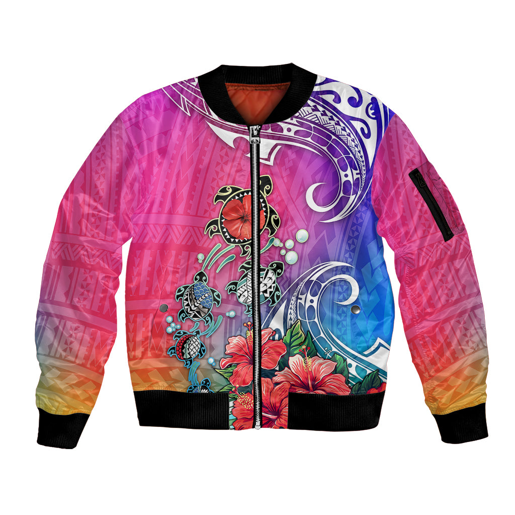 Hawaii Turtle Sleeve Zip Bomber Jacket Turtles Hibiscus With Hawaii Pattern Gradient - Wonder Print Shop