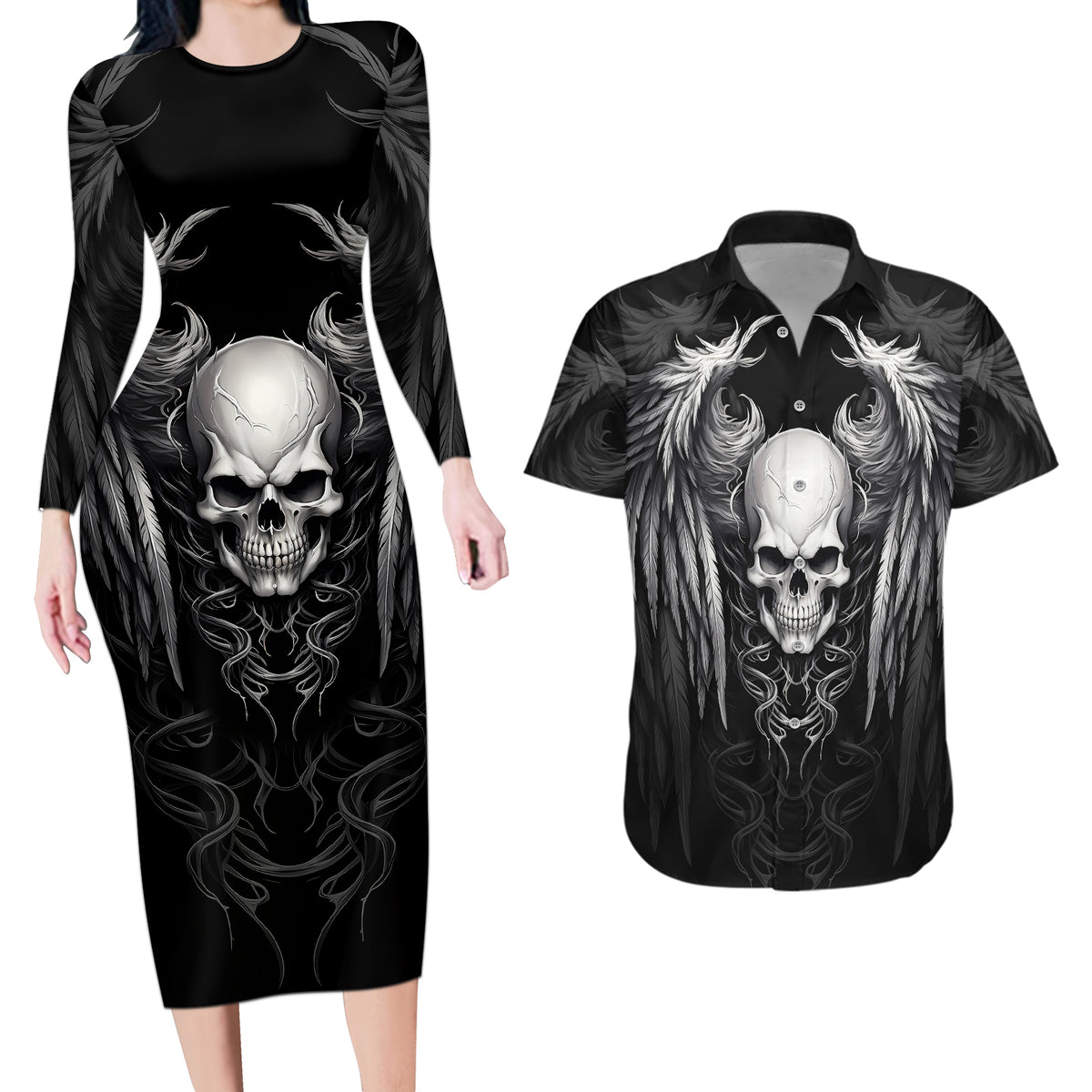 Skull and Wings Couples Matching Long Sleeve Bodycon Dress and Hawaiian Shirt Even The Devil Was Once An Angel - Wonder Print Shop