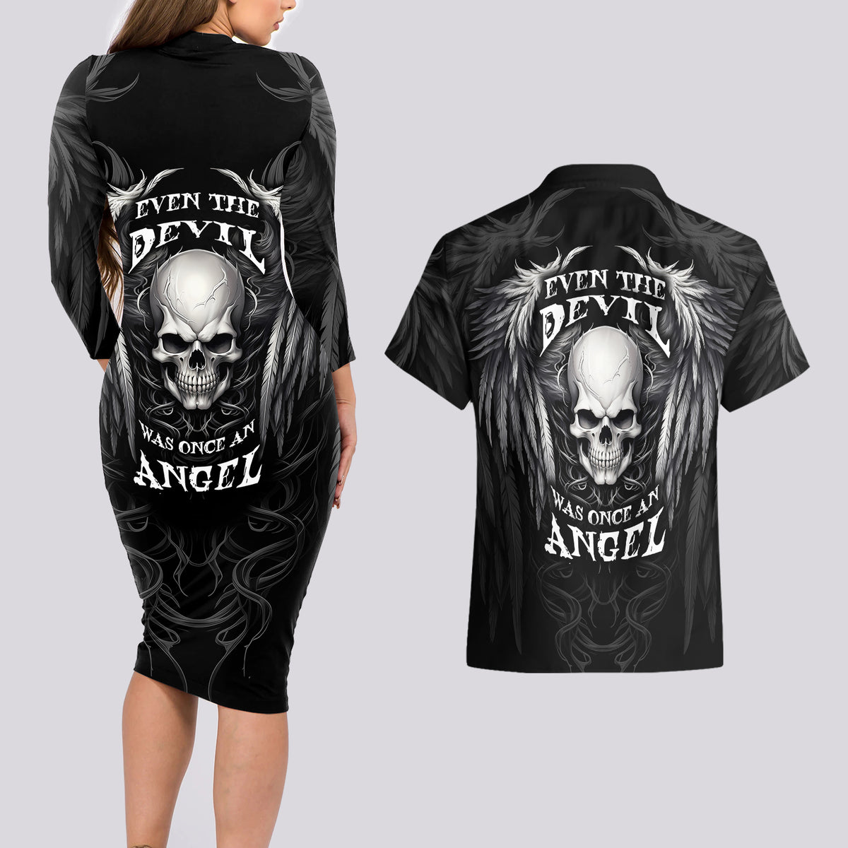 Skull and Wings Couples Matching Long Sleeve Bodycon Dress and Hawaiian Shirt Even The Devil Was Once An Angel - Wonder Print Shop